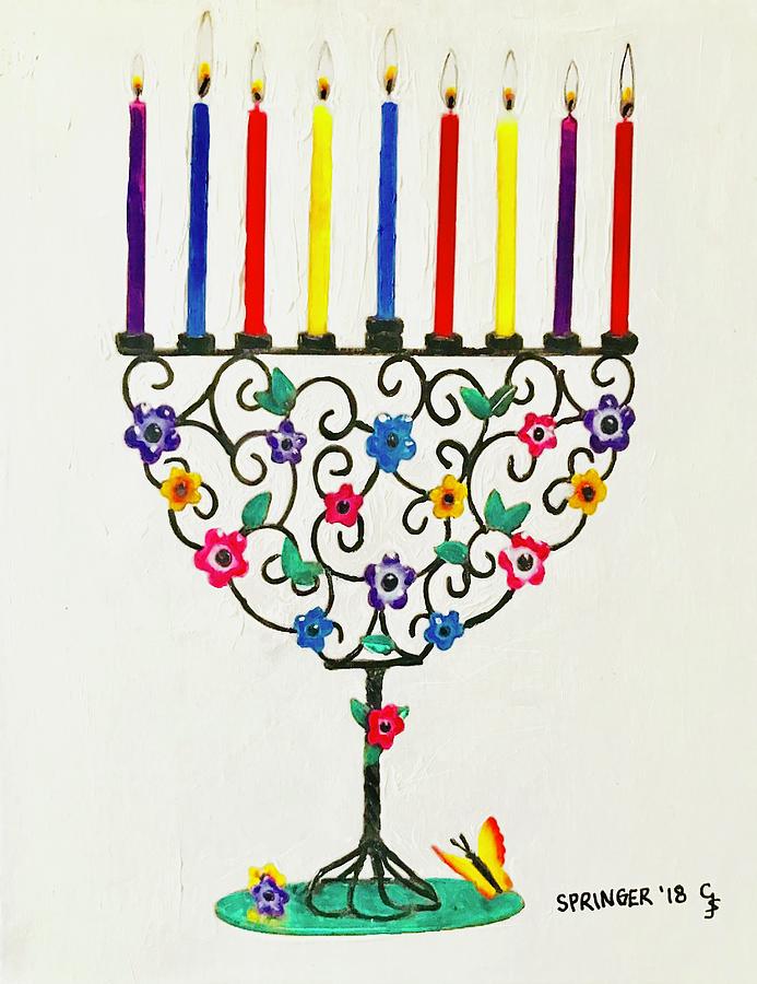 Colorful Hanukkah Menorah Painting by Gary Springer