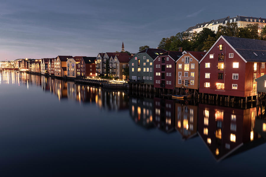 Colorful Houses During Blue Hour Along Nidelva River In Trondhei ...