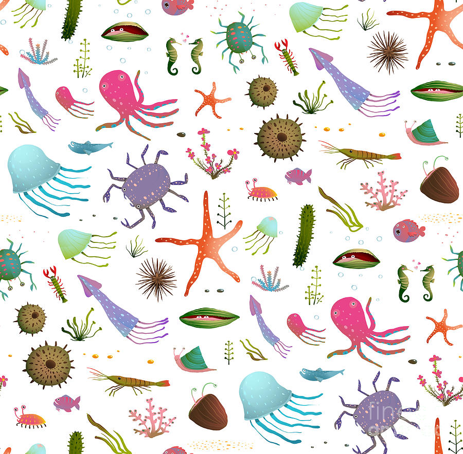 Sea Urchin Digital Art - Colorful Kids Cartoon Sea Life Seamless by Popmarleo Sea Urchin Digital Art - Colorful Kids Cartoon Sea Life Seamless by Popmarleo