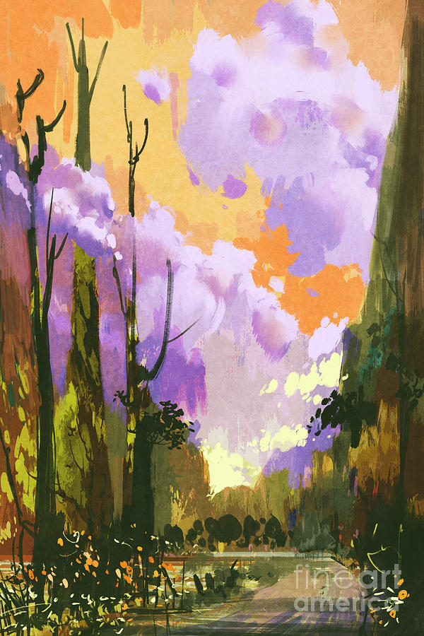 Forest Digital Art - Colorful Landscape With Sunset by Tithi Luadthong