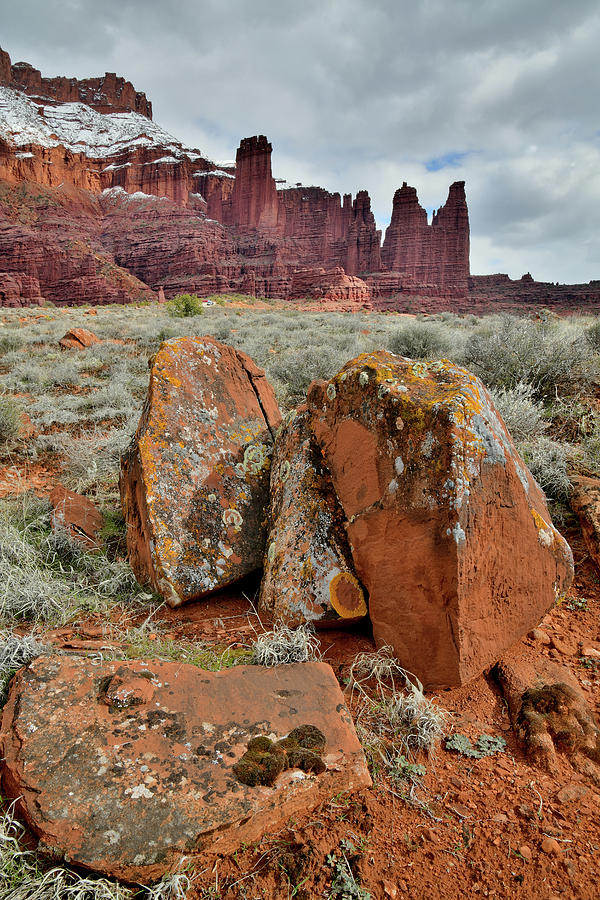 Colorful Lichen Covered Boulders at Fisher Towers Photograph by Ray Mathis