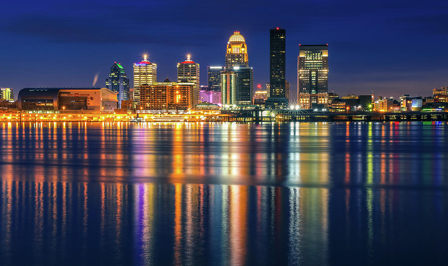 Colorful Louisville Skyline Reflection At Night Photograph by Dan Sproul