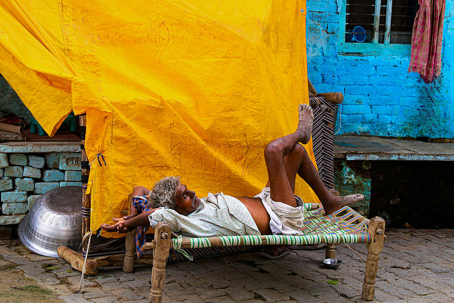Street Photograph - Colorful Nap In Taj Ganj by Olivier Schram