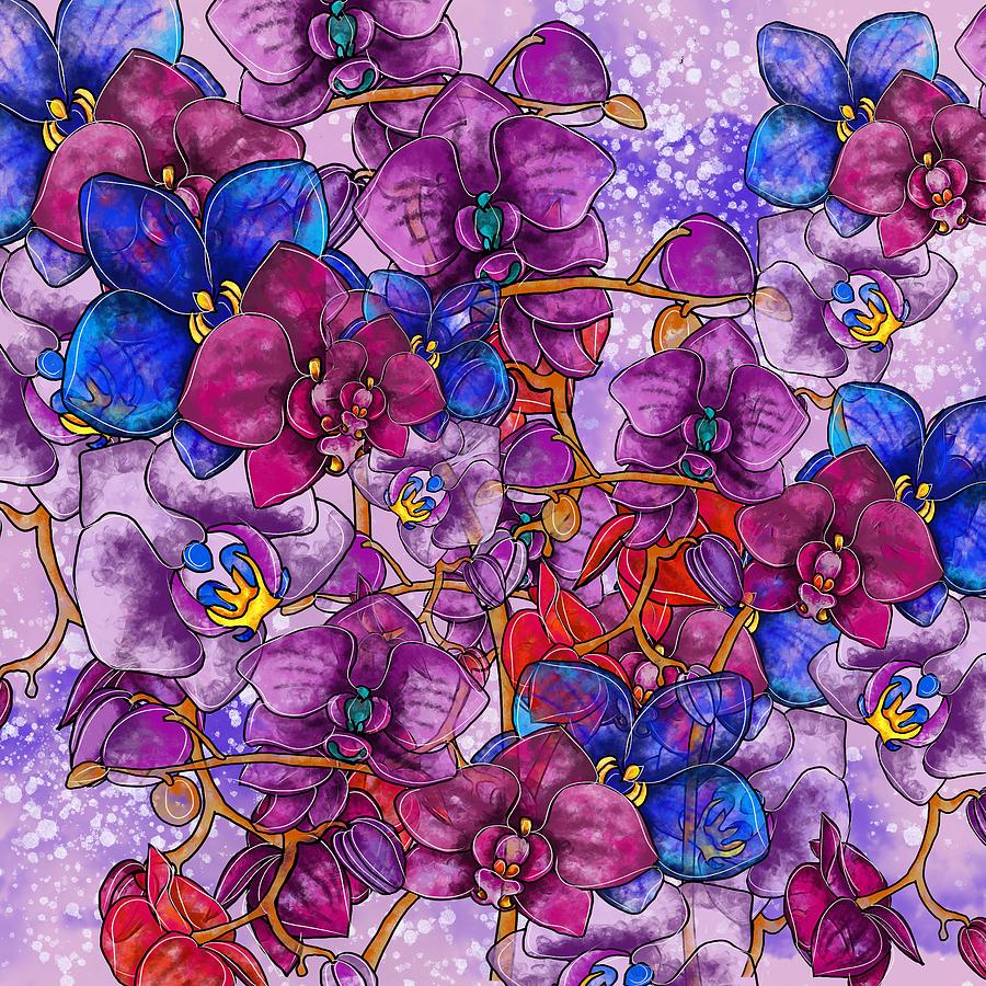 Colorful orchids on purple background Painting by Patricia Piotrak