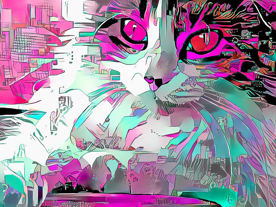 Colorful Pink Cat Etch Digital Art by Don Northup