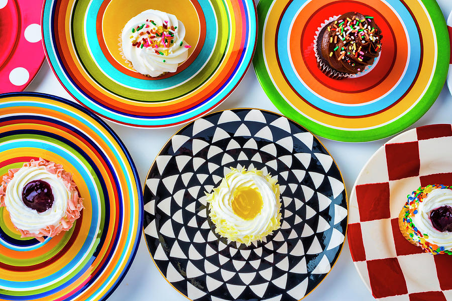Colorful Plates And Cupcakes Photograph by Garry Gay
