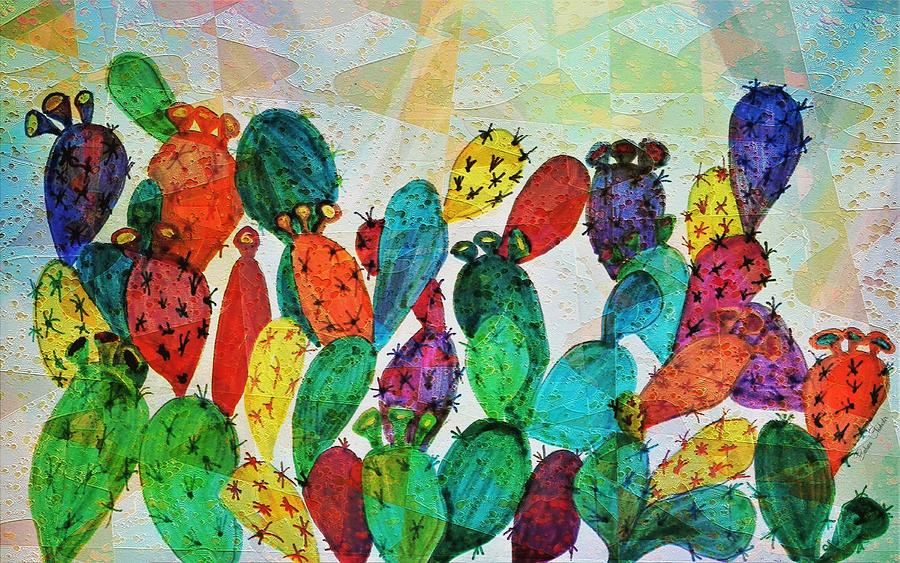 Colorful Prickly Pear Cactus Painting by Barbara Chichester
