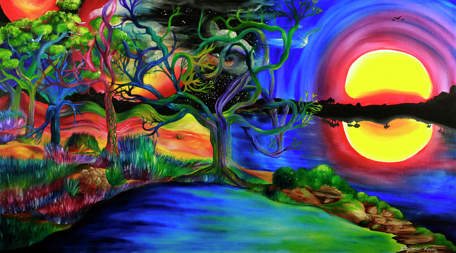 Sunset Painting - Colorful Psychedelic Rainbow Lake Art by Stephanie Analah