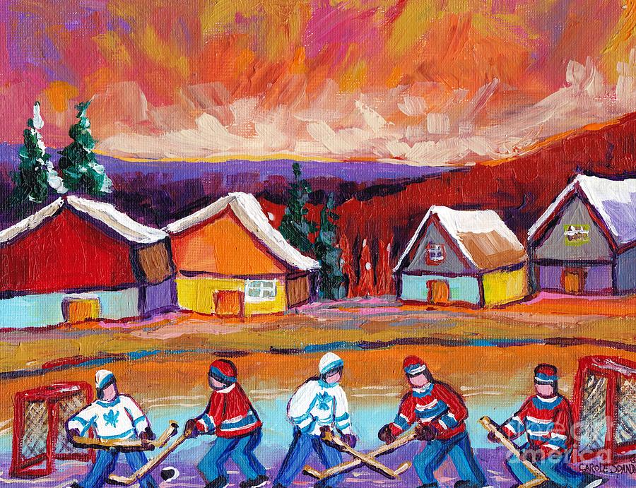 Colorful Rural Outdoor Hockey Rinks Landscape Paintngs C Spandau Hockey Artist Quebec Village Art Painting by Carole Spandau