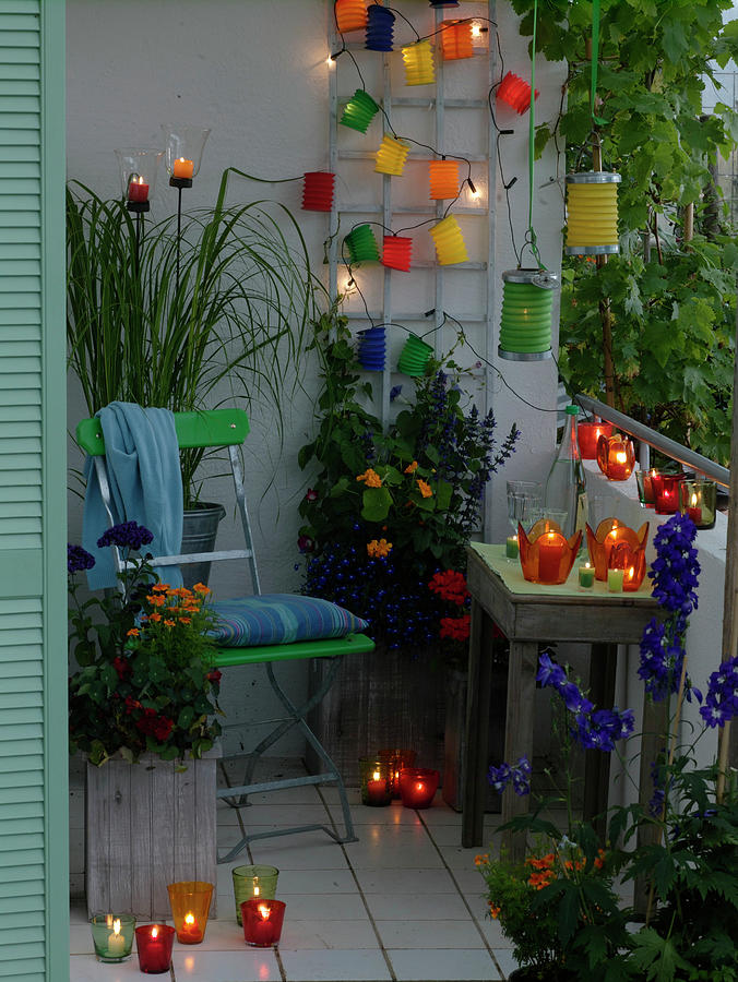 Colorful Summer Balcony With Lanterns, Fairy Lights And Lanterns Photograph by Friedrich Strauss