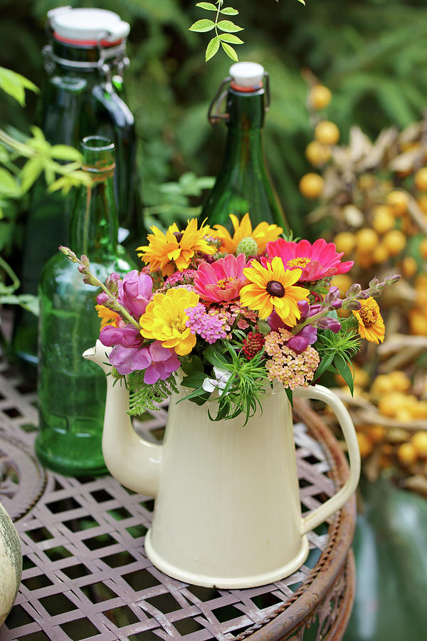 Colorful Summer Bouquet Of Coneflower, Zinnia, Yarrow, Snapdragon, And Widows Flower In A Pot Photograph by Angelica Linnhoff