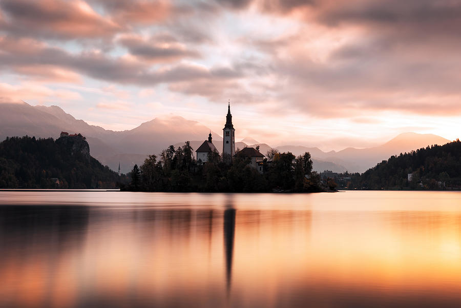 Castle Photograph - Colorful Sunrise View Of Bled Lake by Ivan Kmit