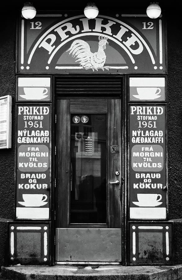 Colorful Traditional Coffee Shop Entrance Door Reykjavic Iceland Black and White Photograph by Shawn OBrien