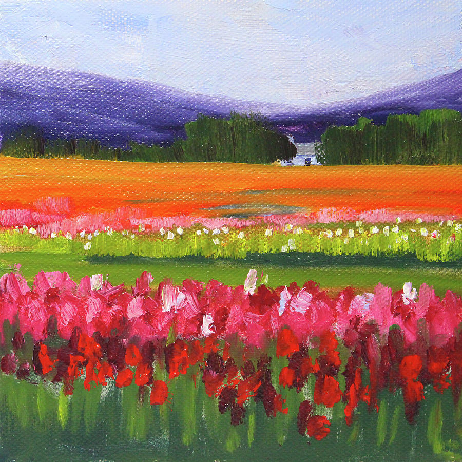 Colorful Tulip Field Landscape Painting by Nancy Merkle