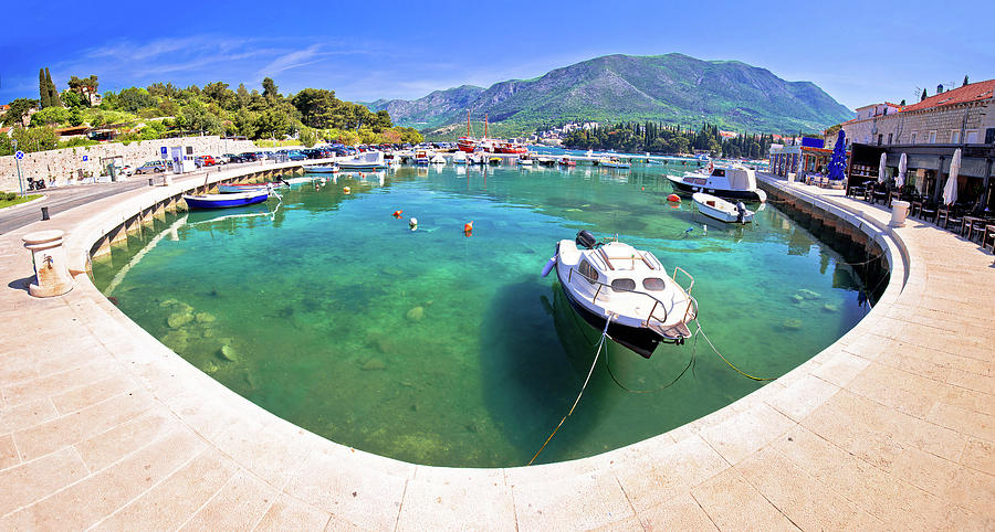 Colorful turquoise harbor in town of Cavtat panoramic view Photograph by Brch Photography