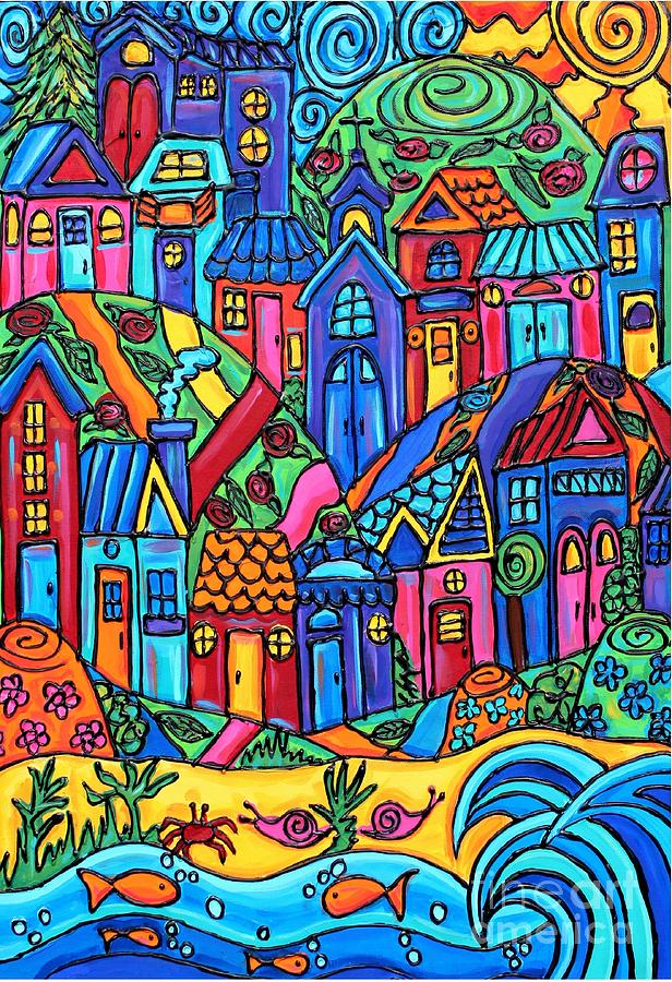Colorful Whimsy Town Painting by Cynthia Snyder