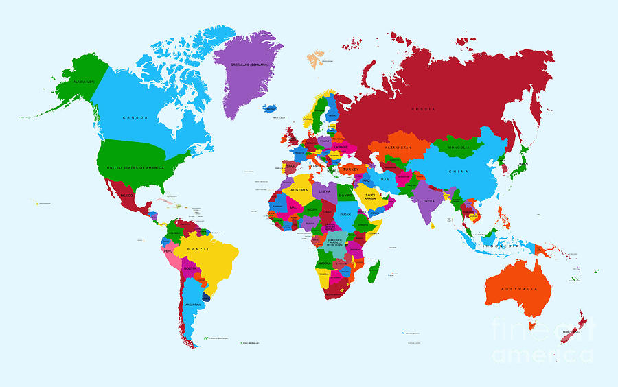 Country Digital Art - Colorful World Map Countries With Text by Cienpies Design