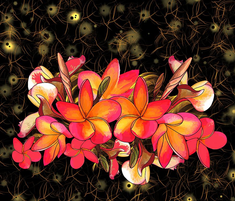 Coloured Frangipani Black and Gold Background Drawing by Joan Stratton