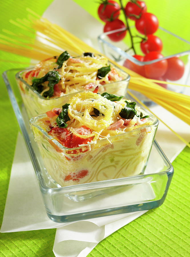Colourful Baked Pasta Nest With Spinach, Boiled Ham And Parmesan Photograph by Teubner Foodfoto