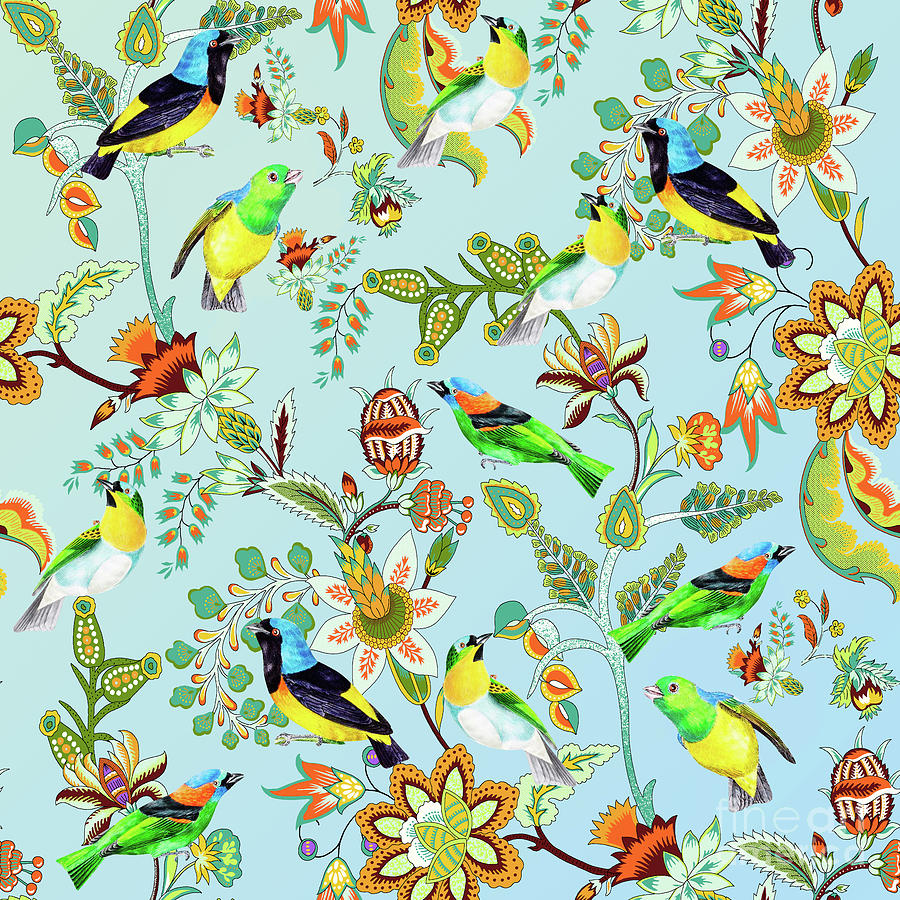 Colourful Birds Chintz Multicolour Floral Pattern Digital Art by Sharon Mau