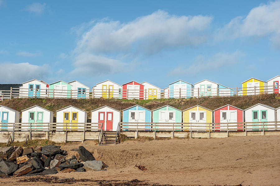 Colourful Bude Beach Huts iii Photograph by Helen Jackson
