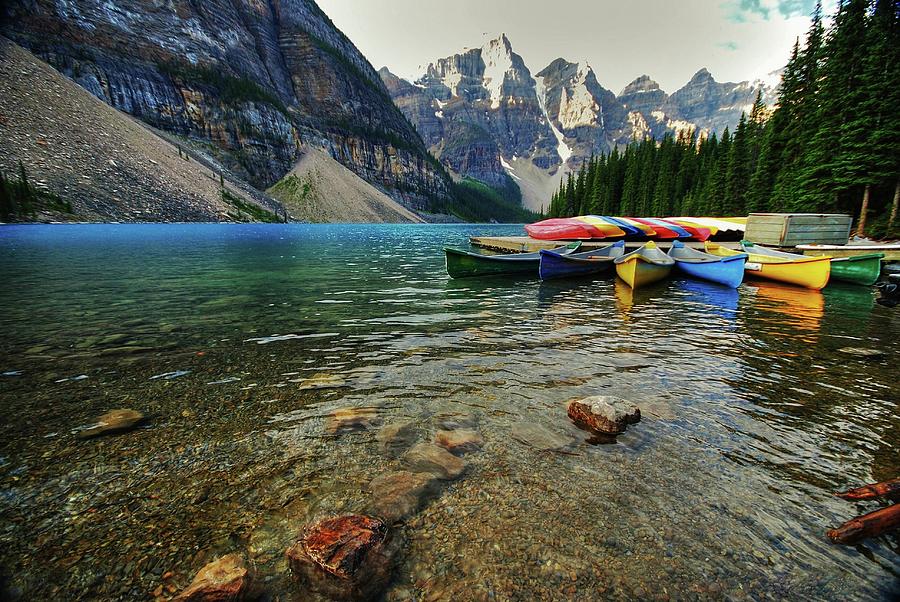 Colourful Canoes At Lake Moraine Photograph by Rex Montalban Photography