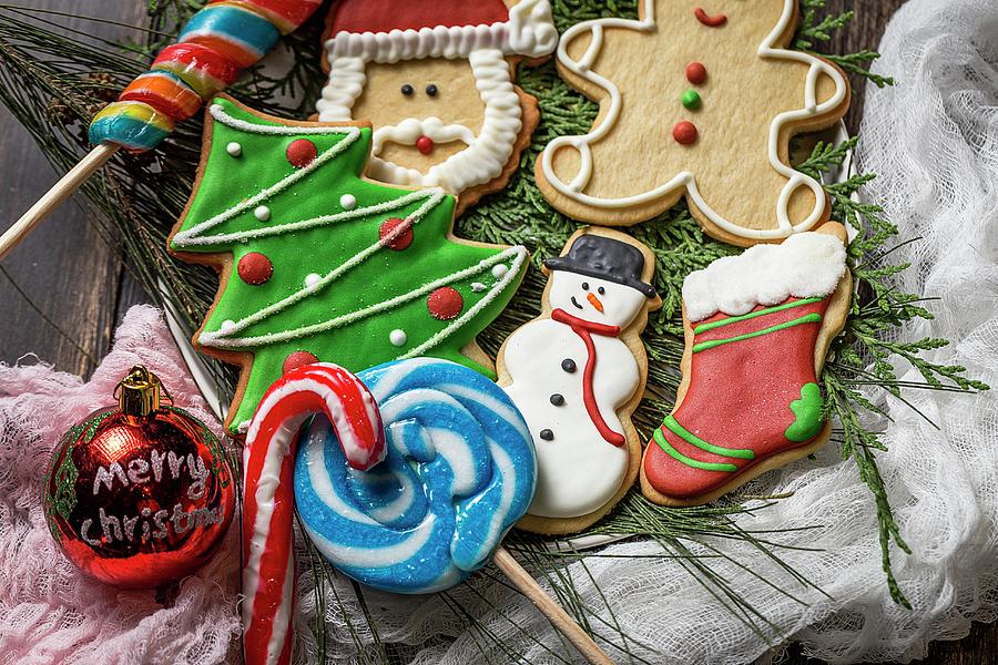 Colourful Decorated Christmas Biscuits, Candy Canes And Lollipops Photograph by Eduardo Lopez Coronado