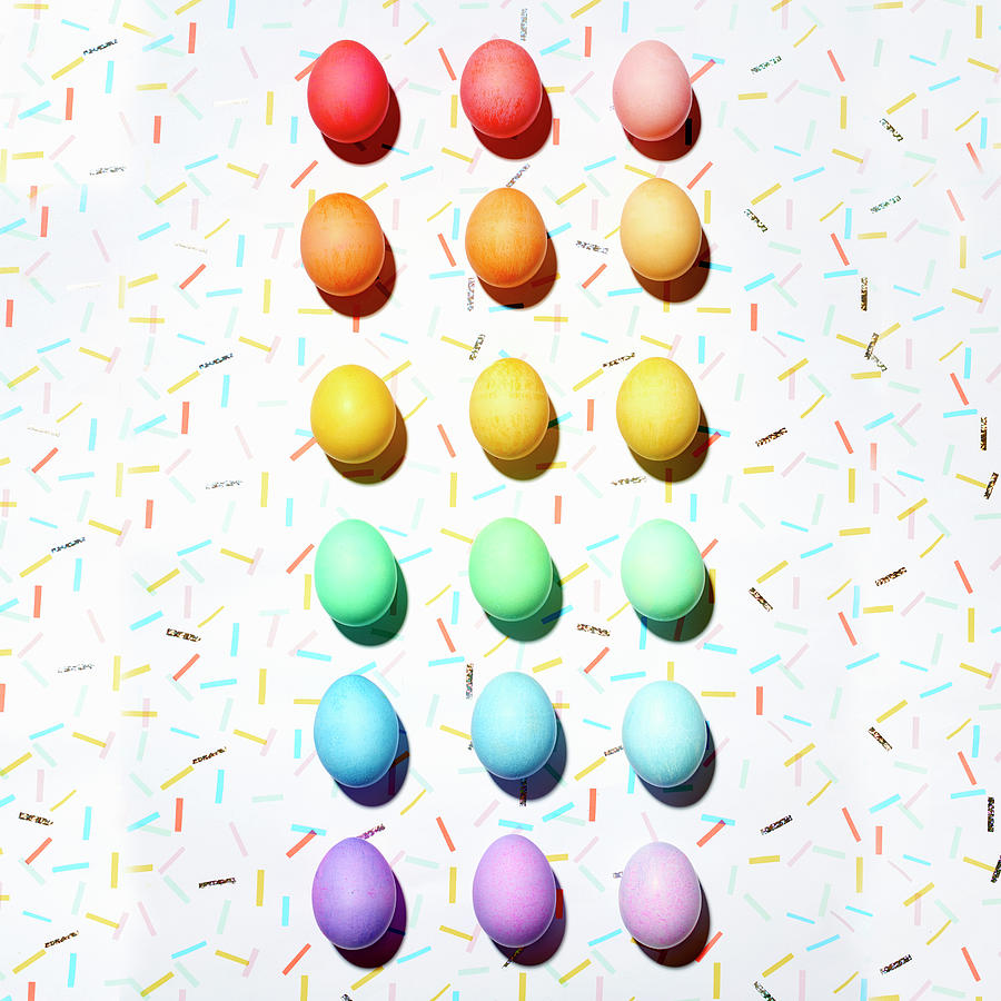 Colourful Easter Eggs Arranged In A Colour Gradient top View Photograph by Janellephoto