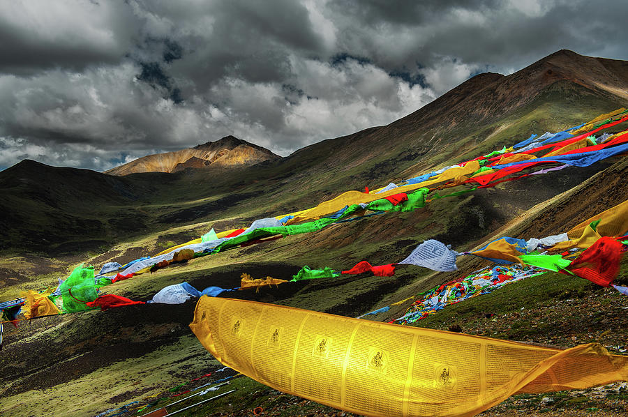 Colourful Flag With Tibetan Landscape Photograph by Coolbiere Photograph