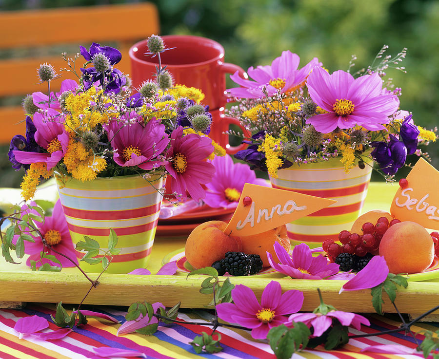 Colourful Flower Arrangements & Plates Of Fruit With Place-cards Photograph by Friedrich Strauss
