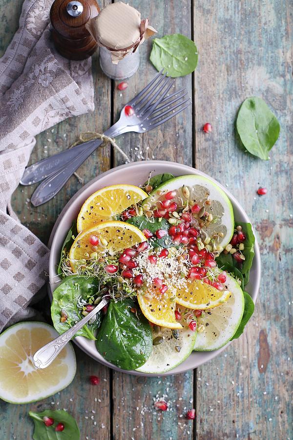 Colourful Grapefruit Salad With Sesame Seeds And Beansprouts Photograph by Natalia Mantur