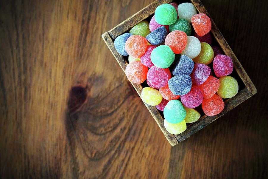 Colourful Jelly Sweets In A Wooden Crate seen From Above Photograph by Perry Jackson