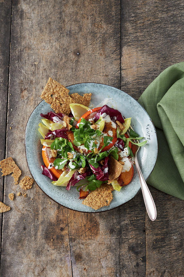 Colourful Salad With Pumpkin And Walnut Crackers Photograph by Oliver Stockfood Studios / Brachat