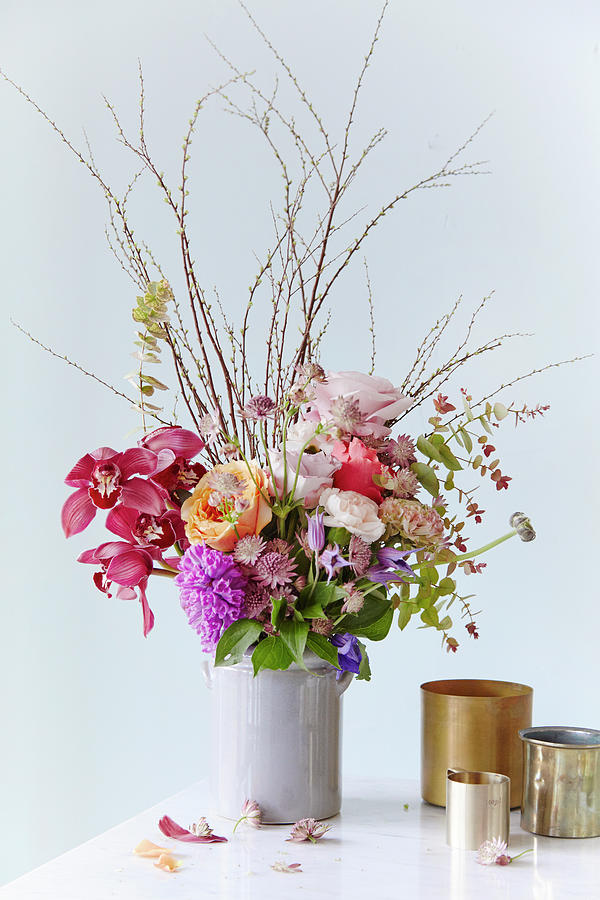 Colourful Summer Bouquet With Astrantias, Roses And Orchids Photograph by Nicoline Olsen