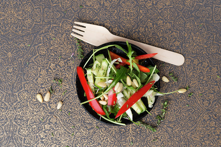 Colourful Summer Salad With Arugula, Cucumber, Peppers And Pine Nuts Photograph by Mandy Reschke