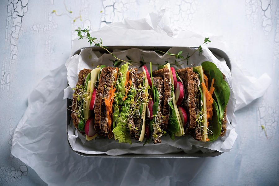Colourful Vegan Wholemeal Sandwiches With Almond Cheese In A Lunchbox Photograph by Kati Neudert