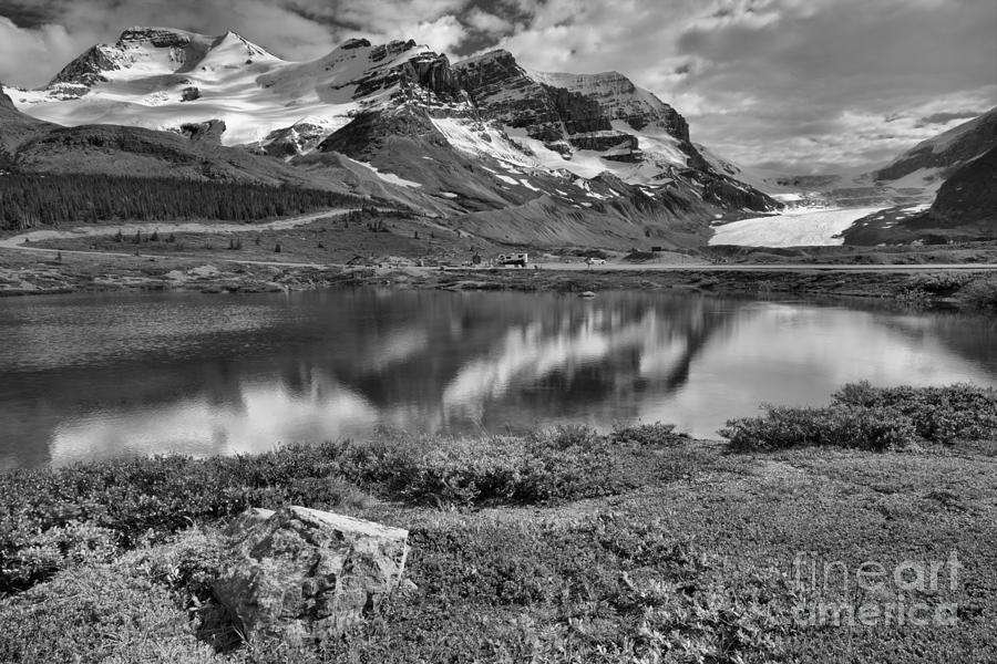 Columbia Icefield Reflections Black And White Photograph by Adam Jewell