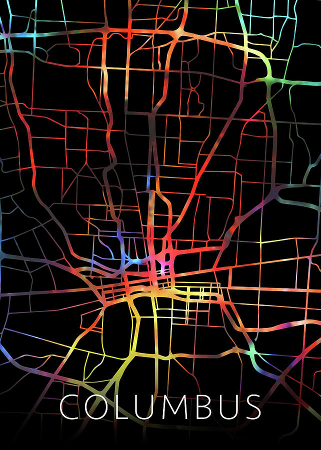 Columbus Ohio Watercolor City Street Map Dark Mode Mixed Media by