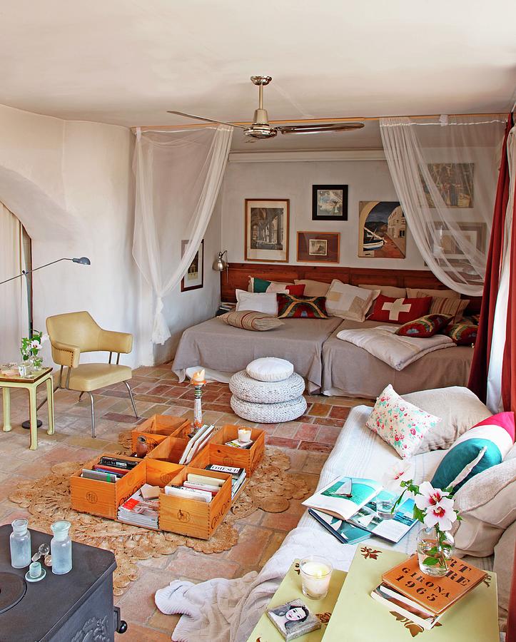 Comfortable Couch With Cushions And Improvised, Low Coffee Table In