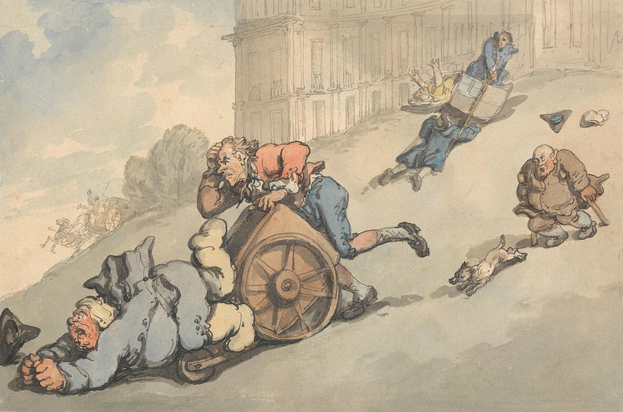 Comforts of Bath - Gouty Persons Fall on Steep Hill Drawing by Thomas Rowlandson