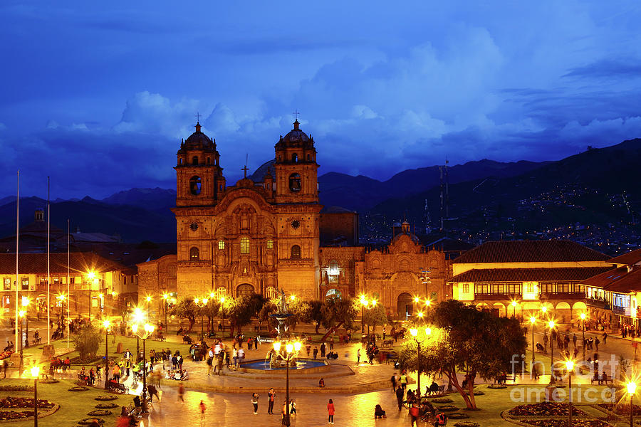 Compania de Jesus Church and Central Square at Twilight Cusco Peru Photograph by James Brunker