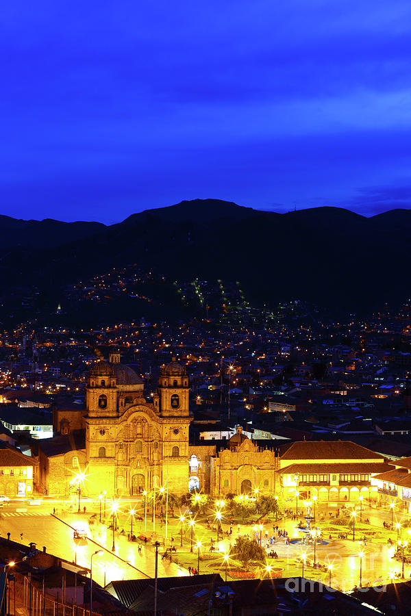 Compania de Jesus Church and Plaza de Armas at Blue Hour Cuzco Peru Photograph by James Brunker
