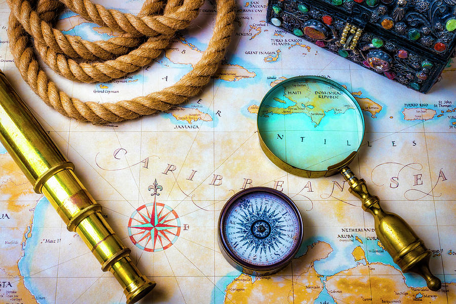 Map Photograph - Compass And Telescope by Garry Gay