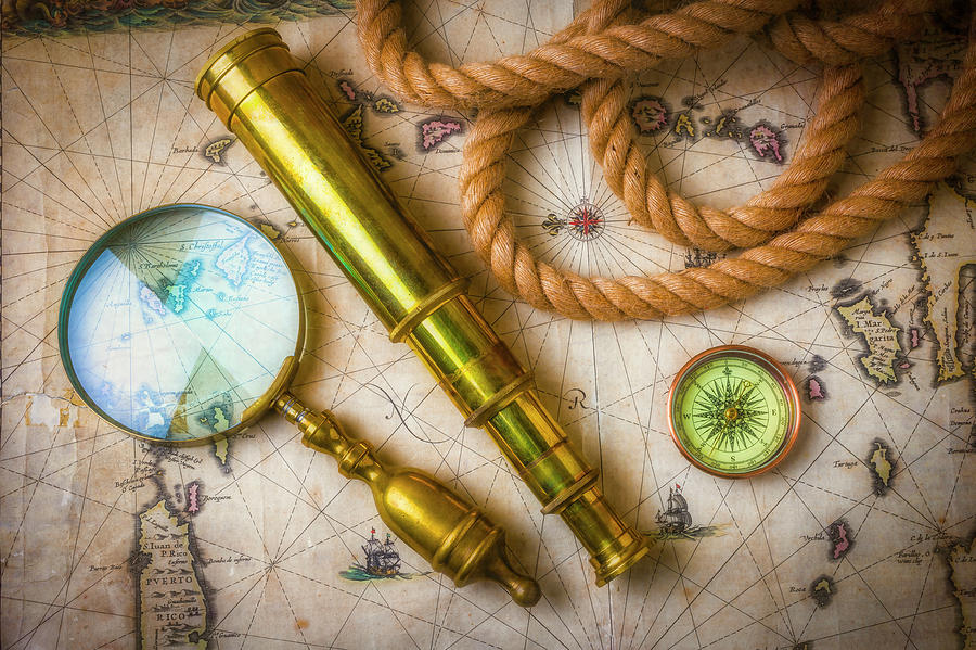 Compass Still Life On Map Photograph by Garry Gay