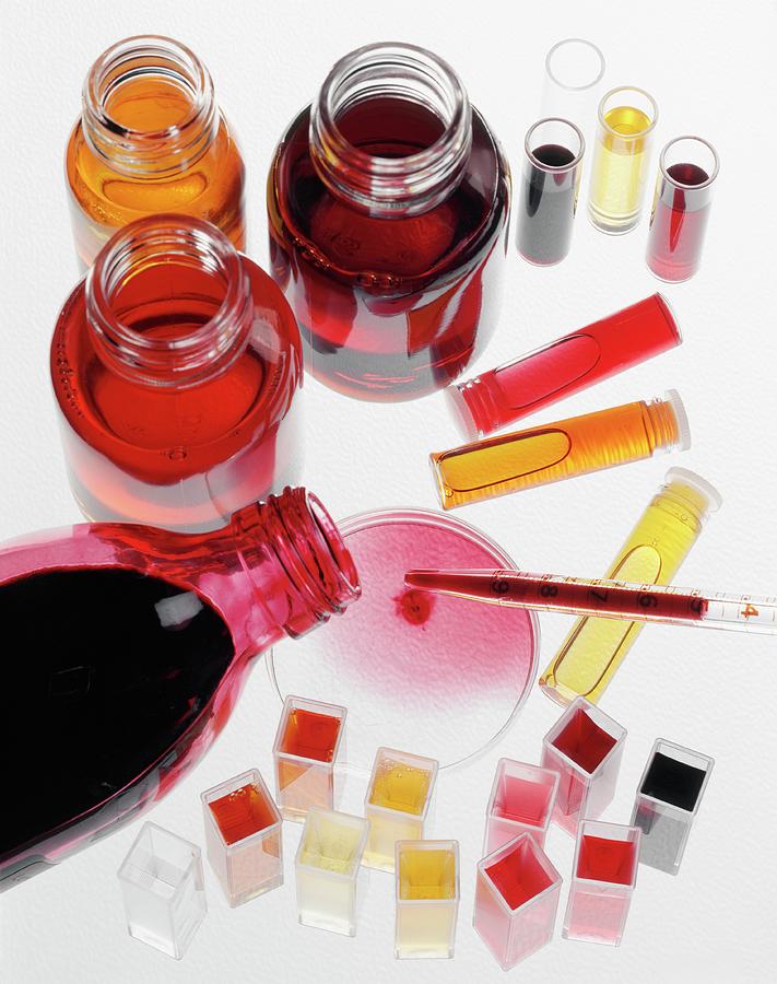 Composition Of Food Coloring Liquids Photograph by Taillard