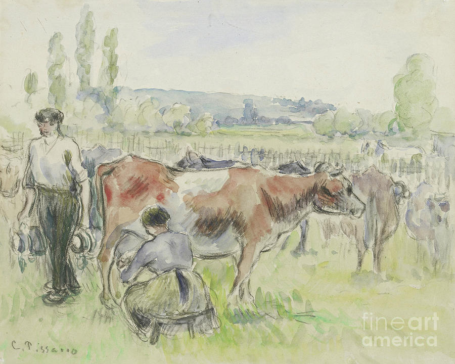Compositional Study Of A Milking Scene At Eragny Sur Epte, 1884 Painting by Camille Pissarro