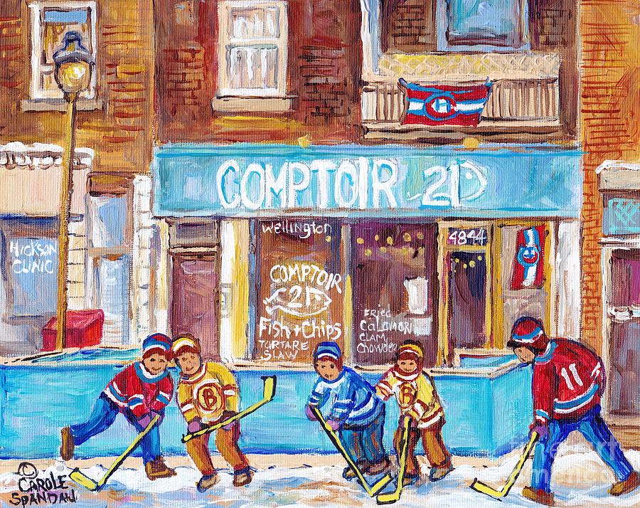 Comptoir 21 Fish And Chips Bistro Montreal Verdun Painting C Spandau Hockey Street Scene Artist Painting by Carole Spandau