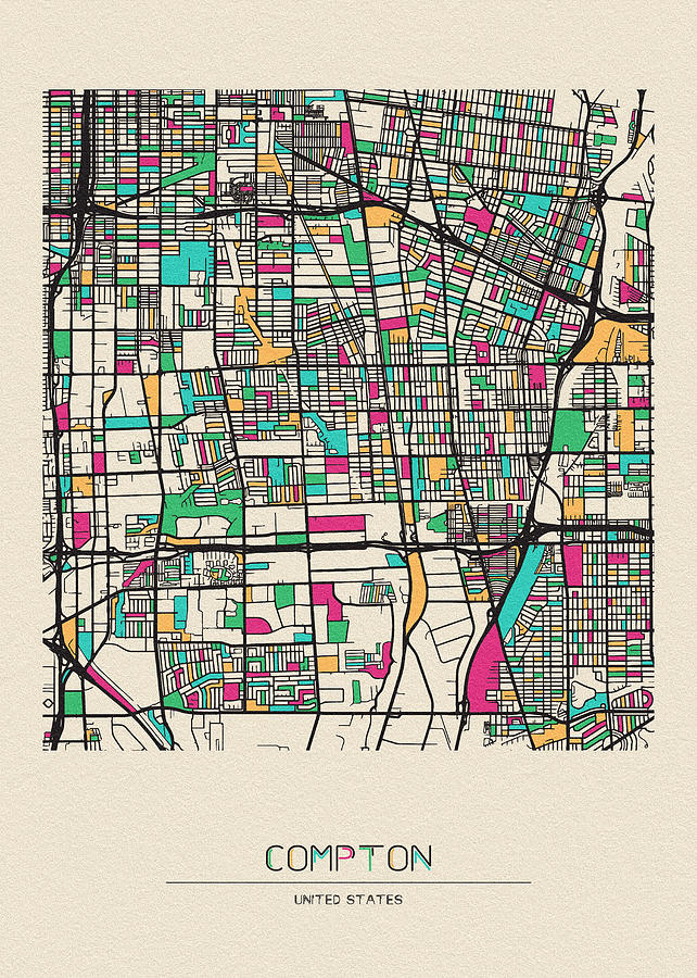 Compton, California City Map Drawing by Inspirowl Design