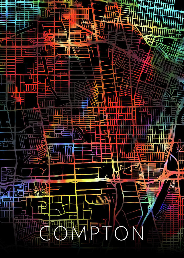 Compton California Watercolor City Street Map Dark Mode Mixed Media by ...