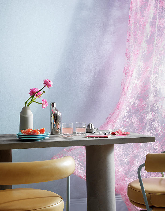 Concrete Table, Leather Chairs And Pink Curtain Photograph by Anderson Karl